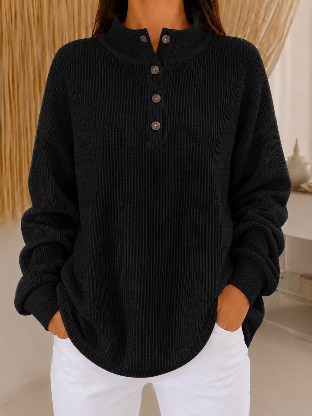 Limited-time Promotion: Buy 2 FREE SHIPPING & Extra 10% OFF✈ - Women’s Stand Collar Waffle Knit Top Button Neck Long Sleeve Loose Blouse