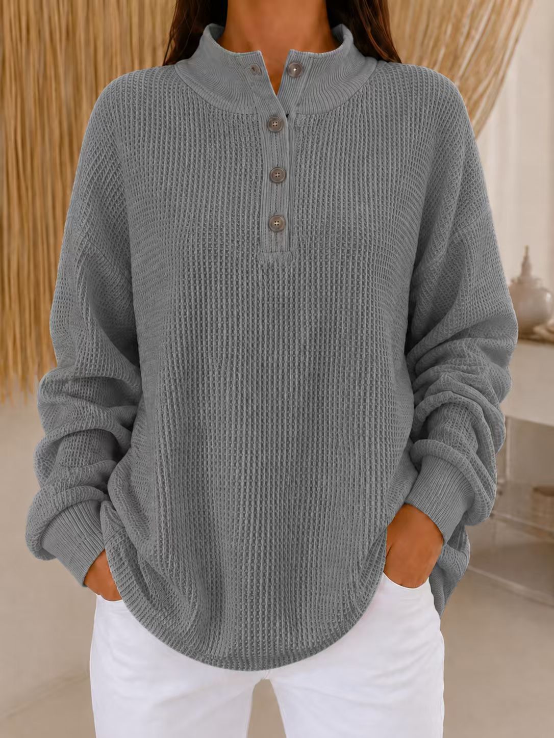 Limited-time Promotion: Buy 2 FREE SHIPPING & Extra 10% OFF✈ - Women’s Stand Collar Waffle Knit Top Button Neck Long Sleeve Loose Blouse