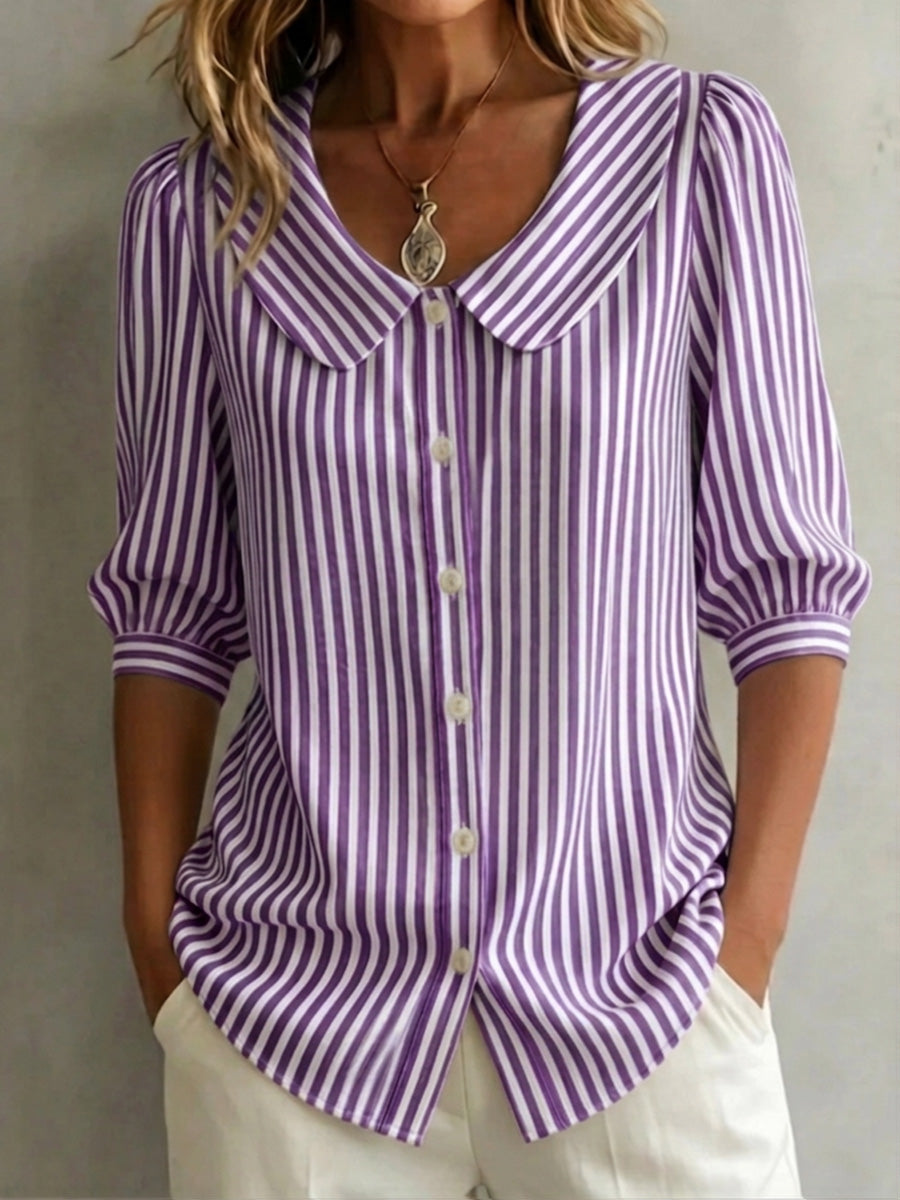 New Arrivals 🔥 Women's Retro Peter Pan Collar Striped Cotton Linen Shirt
