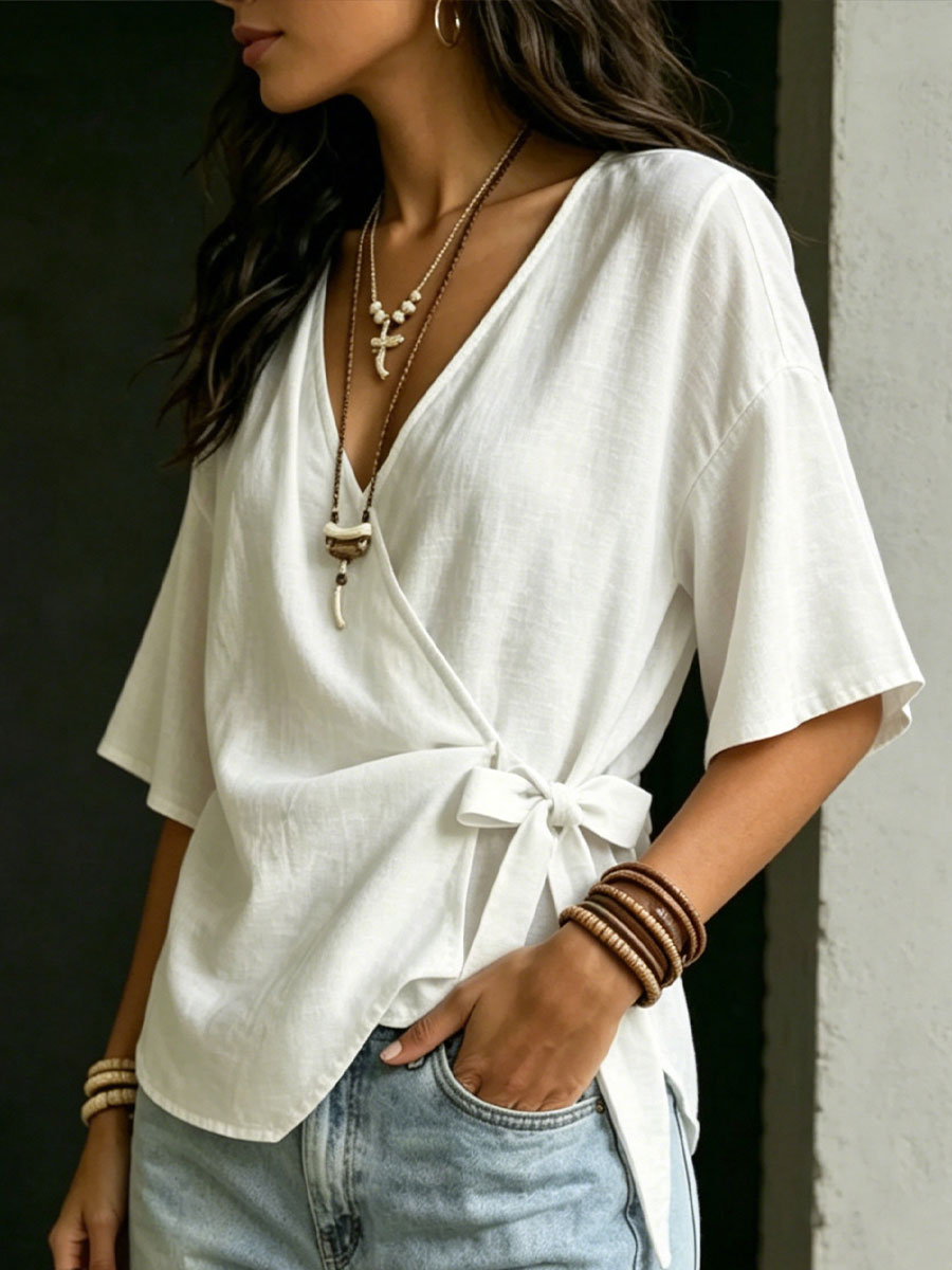 New Arrivals🔥Women's Casual Solid-color Loose V-neck Short-sleeve Tie-front Top