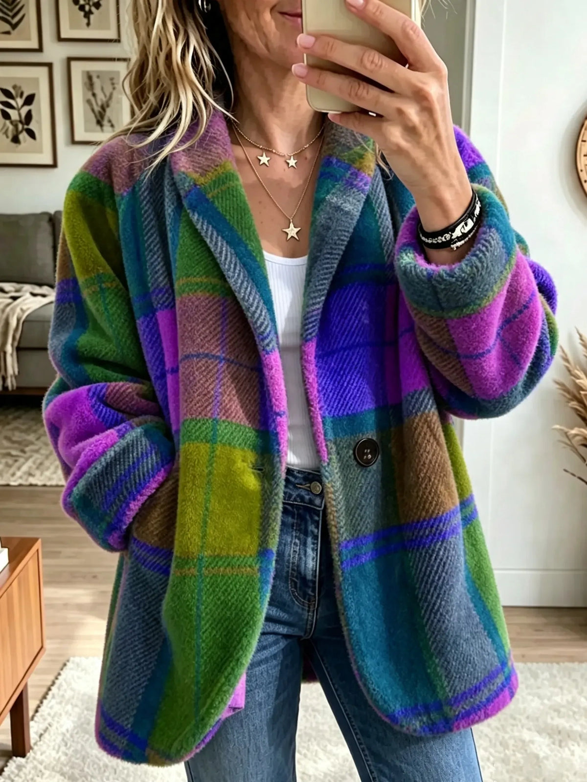 Autumn Winter Lazy Loose Vibrant Plaid Fuzzy Fleece Jacket