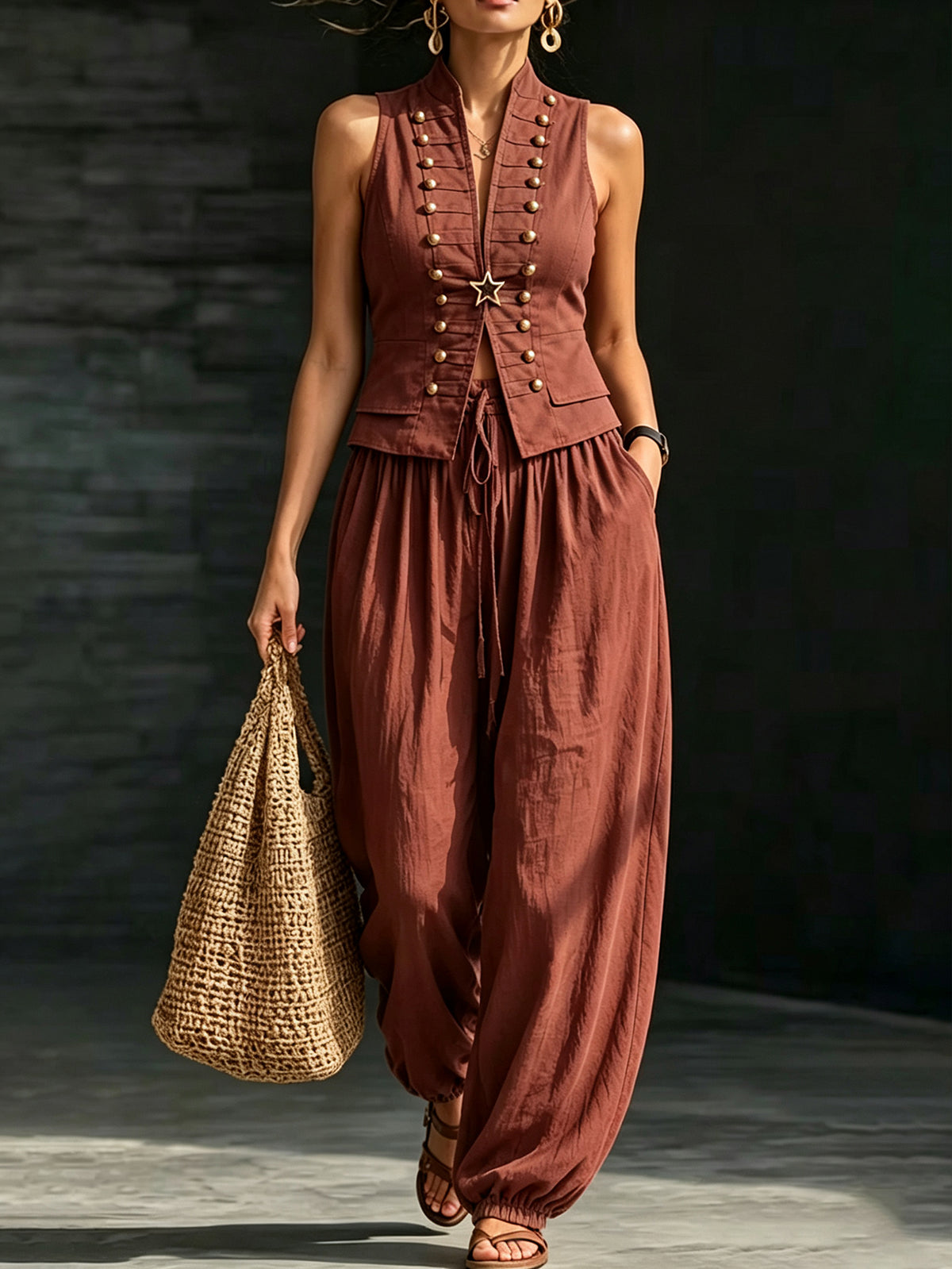 Women's Linen Blend Button Vest & Drawstring Jogger Pants 2-Piece Set