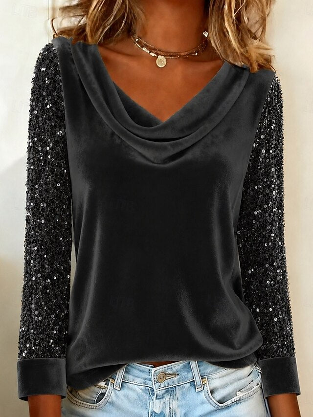 Women's Shirt Velvet Sequins Elegant Long Sleeve Cowl Neck Regular Tops