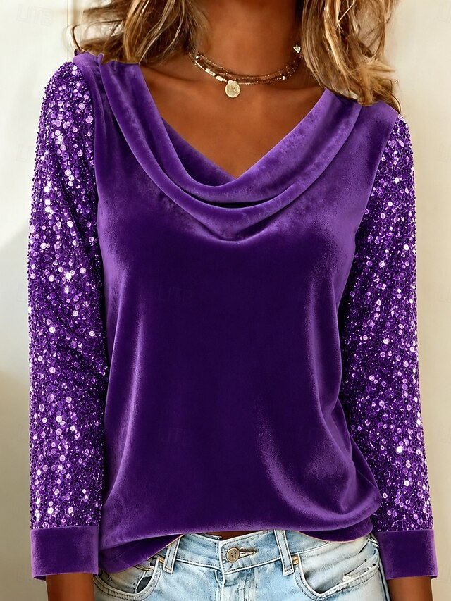 Women's Shirt Velvet Sequins Elegant Long Sleeve Cowl Neck Regular Tops