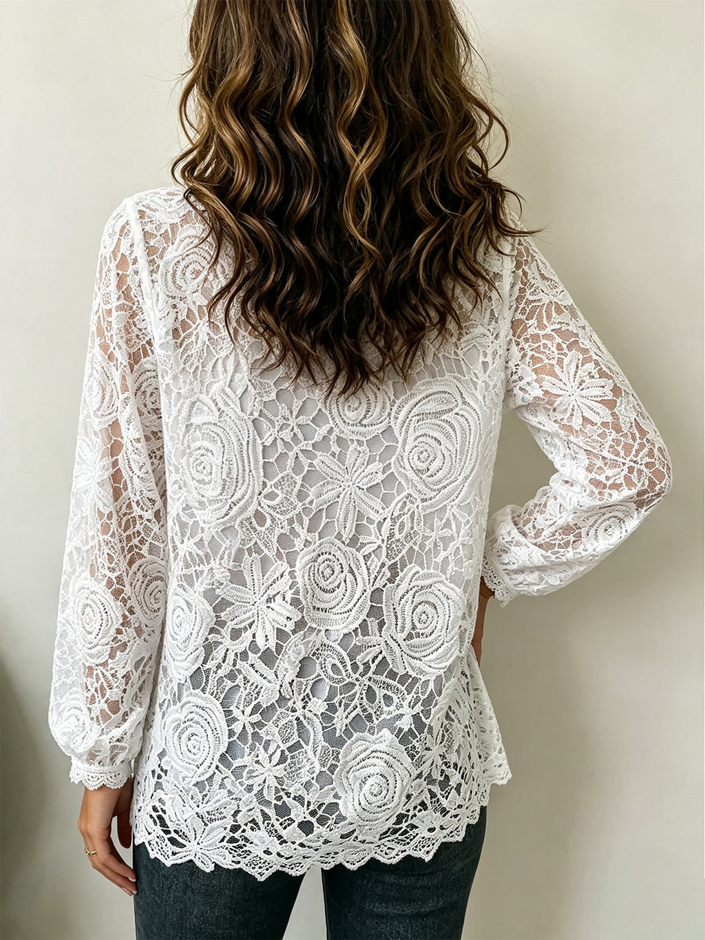 Women’s Floral Lace Long Sleeve Top, Round Neck Hollow Out Sheer Casual Blouse