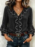 Women’s Polka Dot Ruffle V Neck Blouse Flare Sleeve Vintage Casual Top