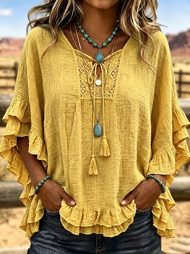 Women's Bohemian Ruffle Blouse Solid Color Vacation Half Sleeve V Neck Regular Tops