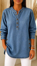 Women's Denim Henley Blouse Round Neck Button Detail Relaxed Long Sleeve Tunic Top