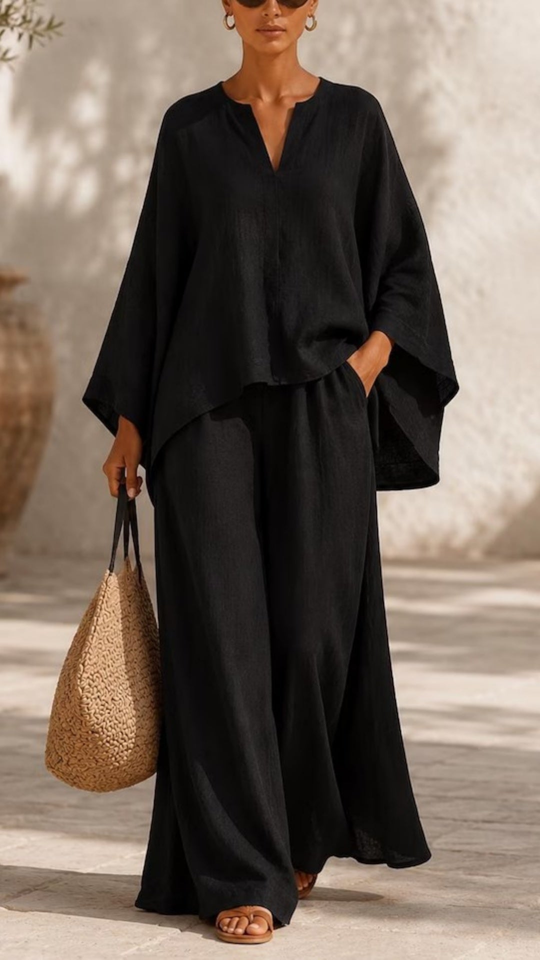 Linen Blend Batwing Sleeve Top & Drawstring Wide Leg Pants Set