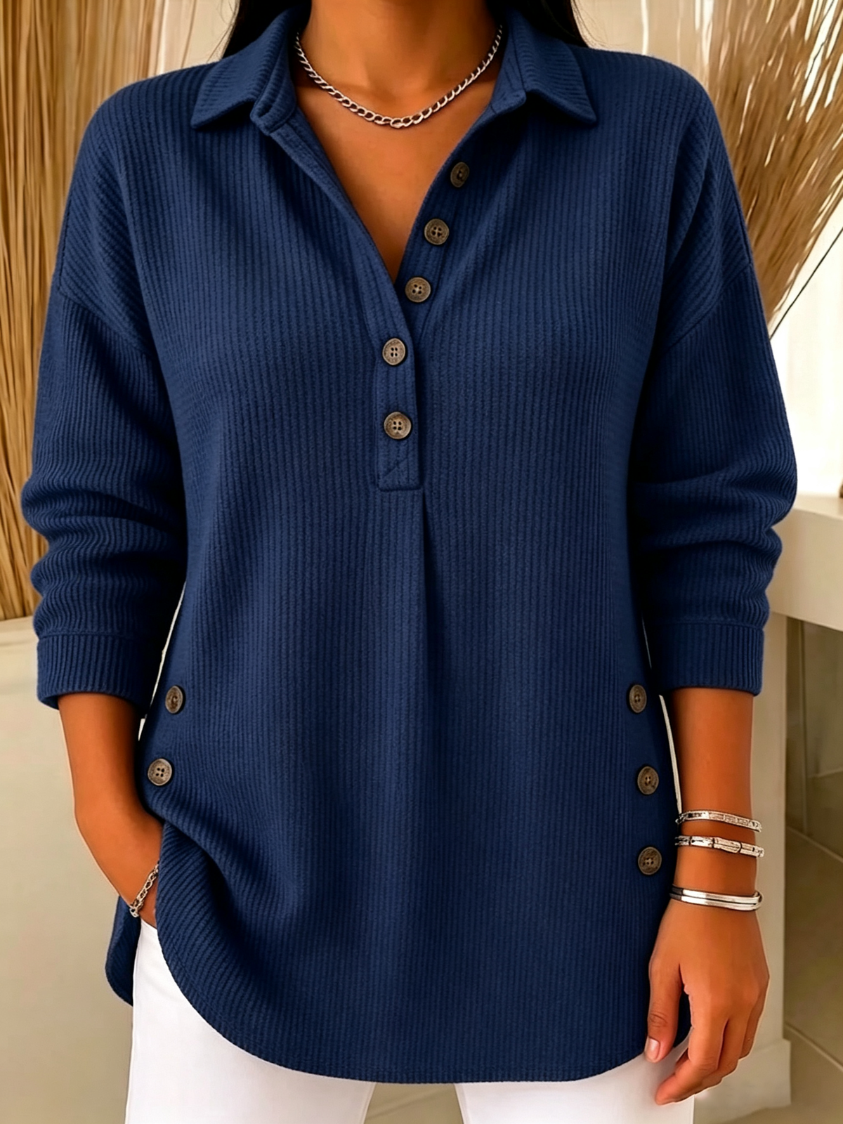 Women's Ribbed Knit Lapel Collar Tops - Casual V-Neck Button Down Shirts with Decorative Side Buttons(📦Buy 2 Free Shipping & 10% OFF)