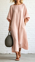 Loose-fitting Batwing Sleeve Cotton Linen  Dress