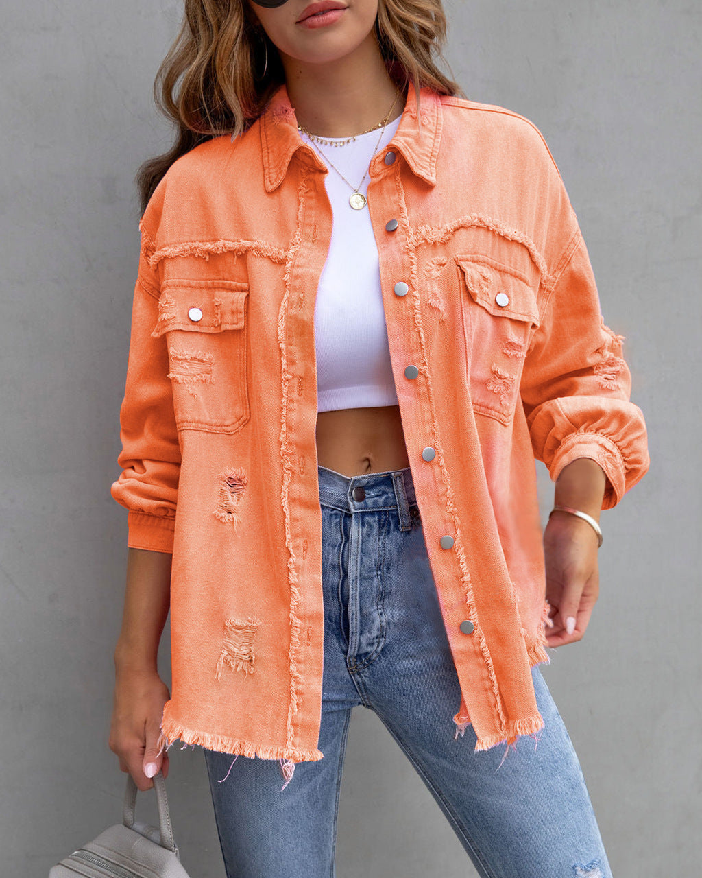 Oversize Relaxed Fit Denim Shacket | Versatile Frayed Button-Down Shirt Jacket | Casual Everyday Outerwear
