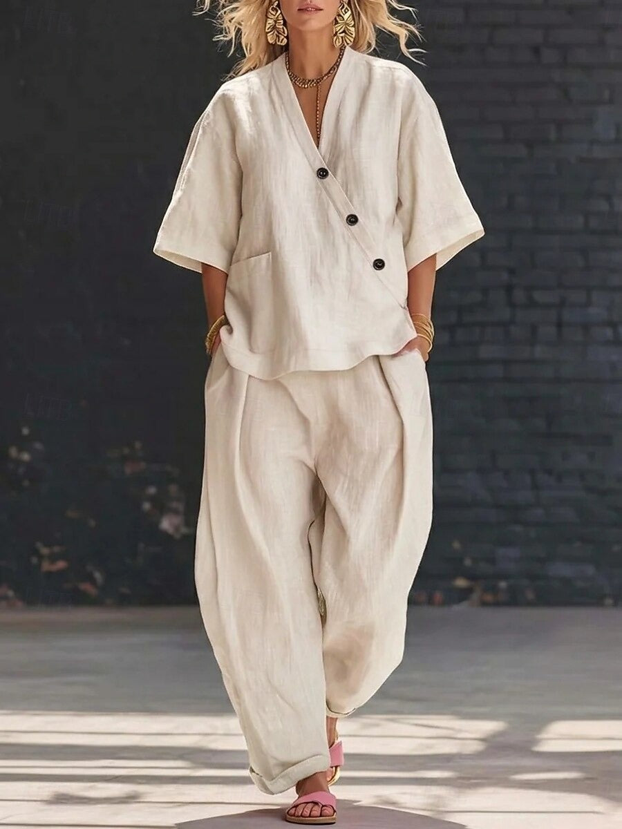 Women's Linen Blend V-Neck Button Top & Loose Harem Pants 2-Piece Set