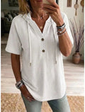 Women's Waffle Knit Hooded Henley Top Short Sleeve Casual V-Neck Tee
