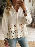 Eyelet Lace Patchwork Balloon Sleeve Button-Down Shirt