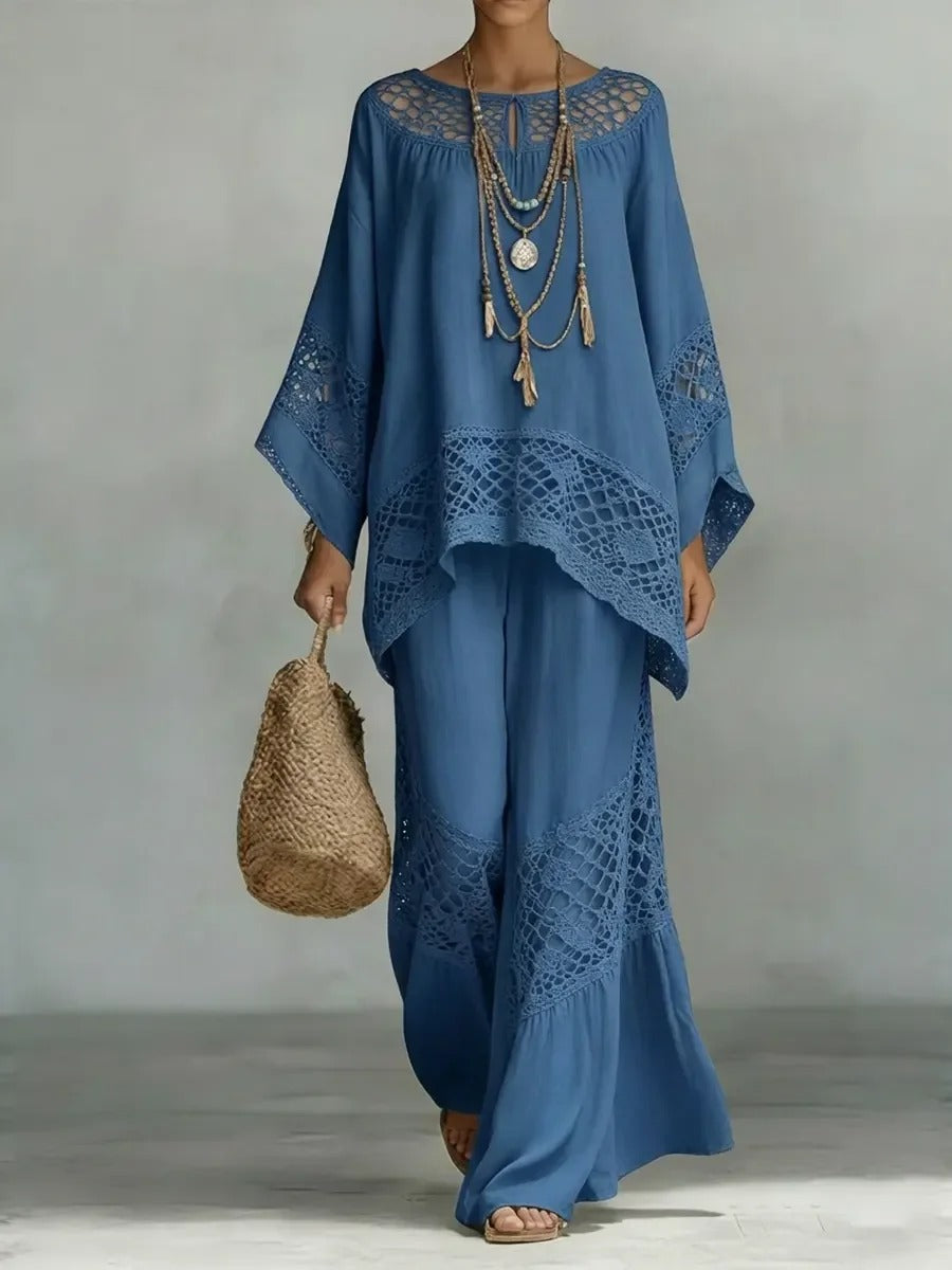 Boho Crochet Lace Batwing Sleeve Top & Wide Leg Pants 2 Piece Set