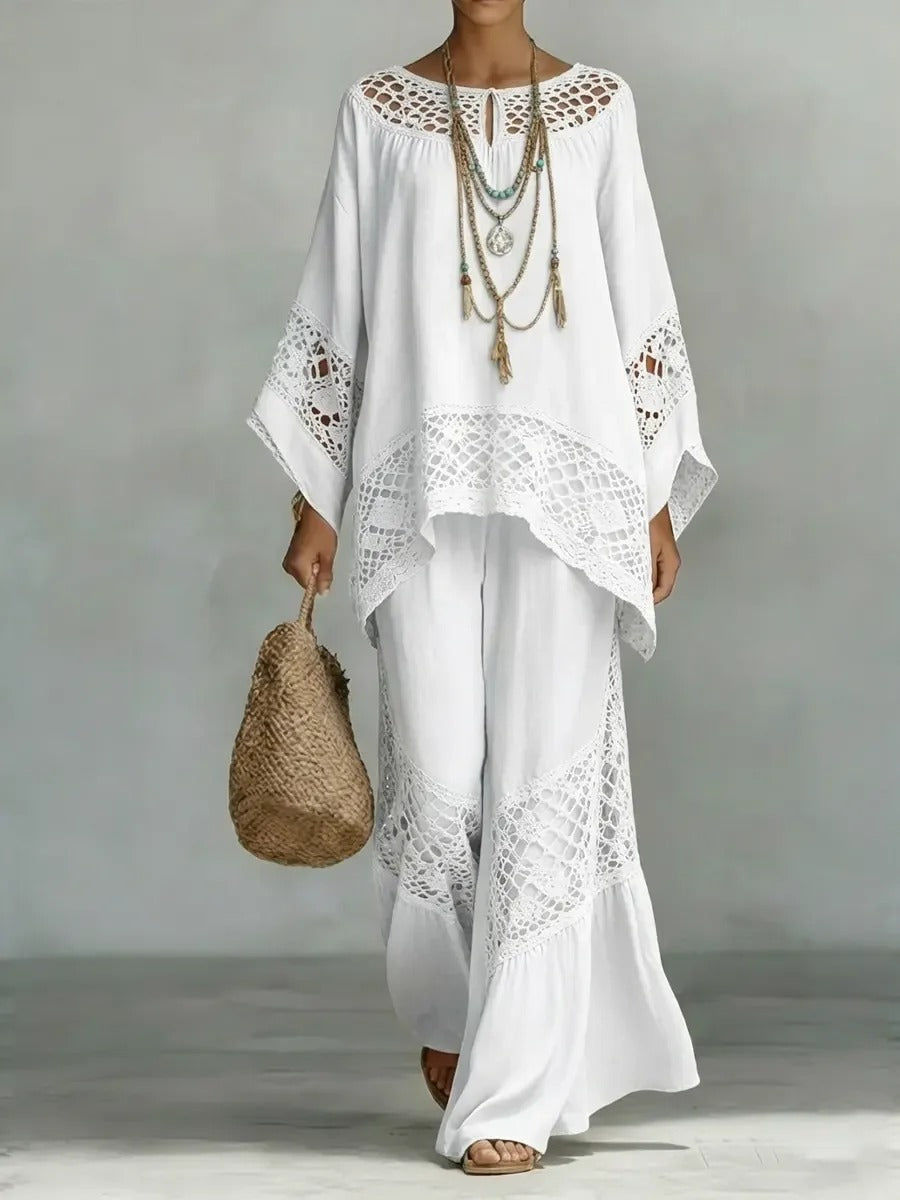 Boho Crochet Lace Batwing Sleeve Top & Wide Leg Pants 2 Piece Set