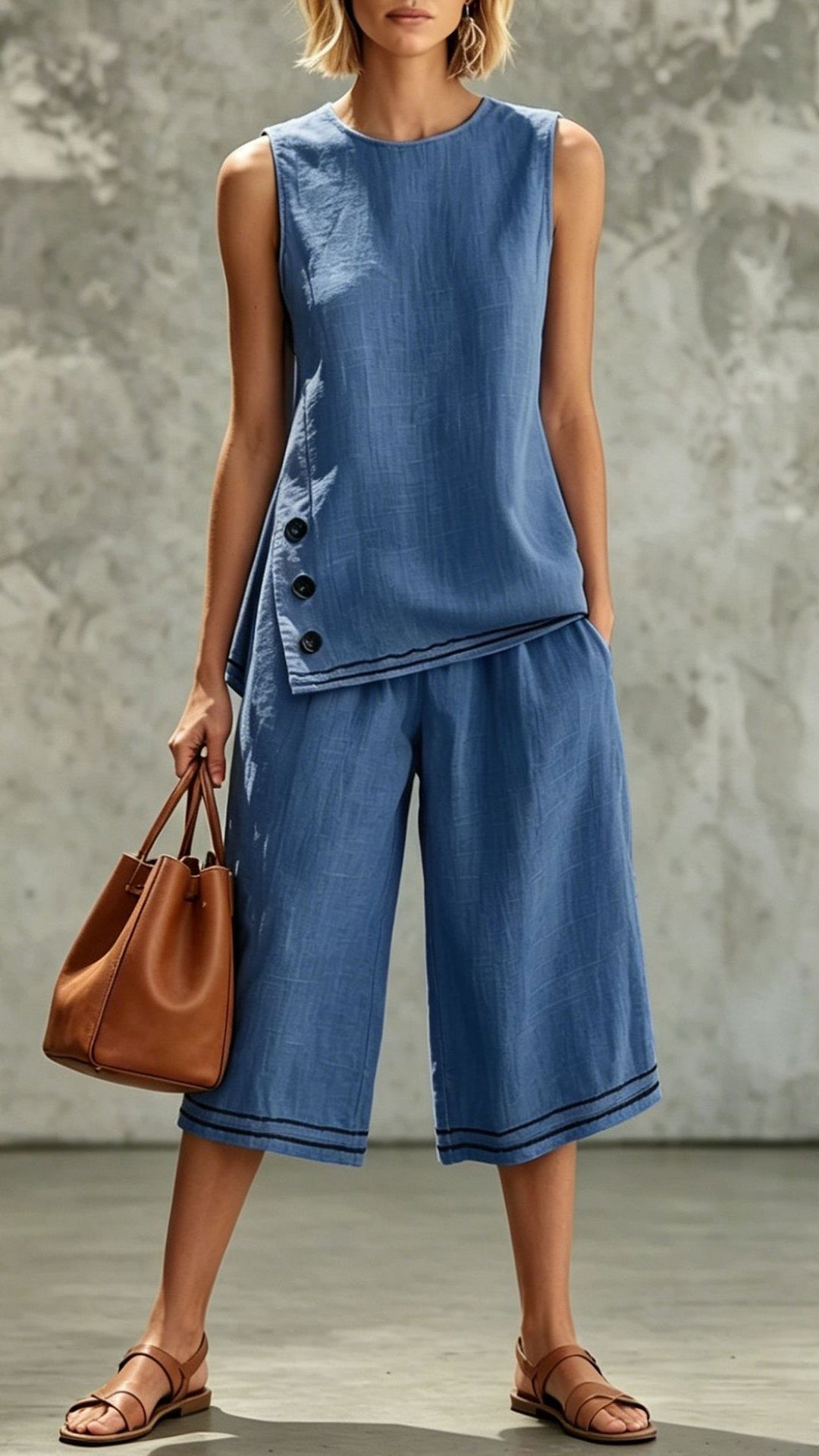 Women's Sleeveless Side-Slit Vest & Wide-Leg Cropped Pants — Cotton-Linen Two-Piece Set
