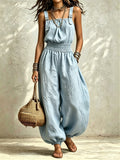 Women’s Linen Cotton Jumpsuit, Sleeveless Harem Pants Romper, Casual  One-Piece Outfit
