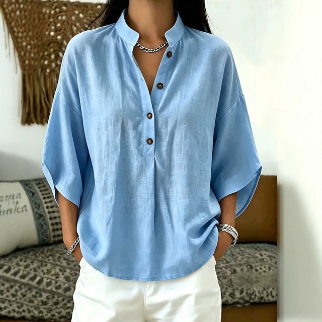 Women's Blouse Solid Color Elegant Casual 3/4 Length Sleeve Stand Collar Regular Tops