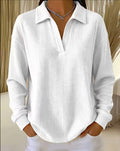 Waffle Knit Collared V-Neck Long Sleeve Top