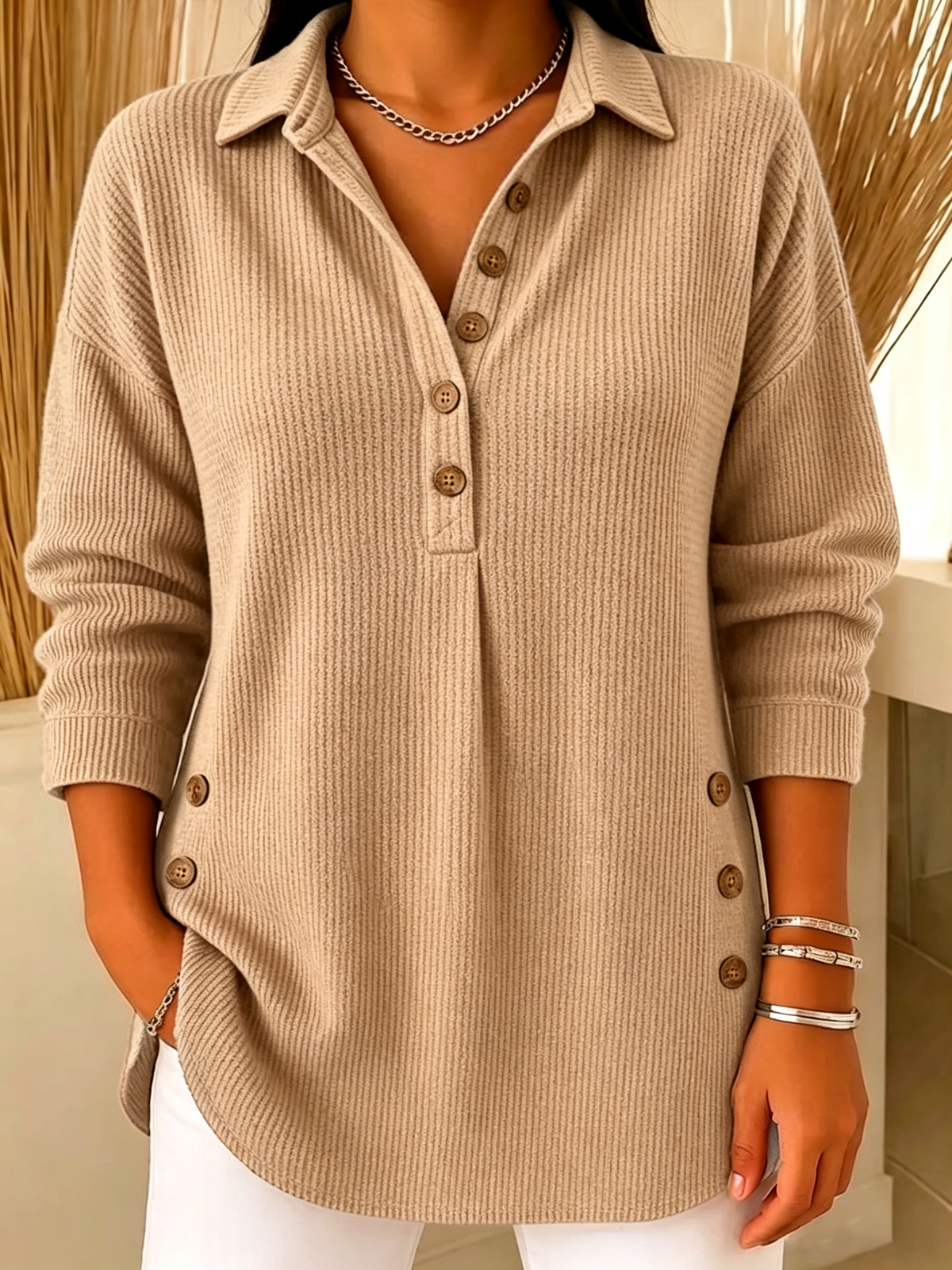 Women's Ribbed Knit Lapel Collar Tops - Casual V-Neck Button Down Shirts with Decorative Side Buttons(📦Buy 2 Free Shipping & 10% OFF)