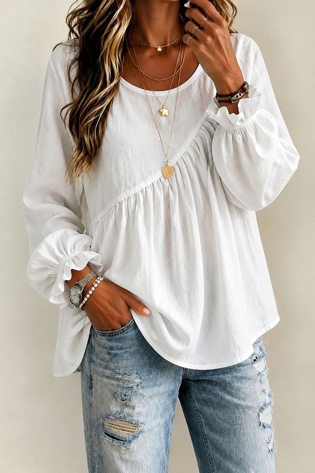 Women’s Long Sleeve Ruffle Blouse Round Neck Loose Casual Top