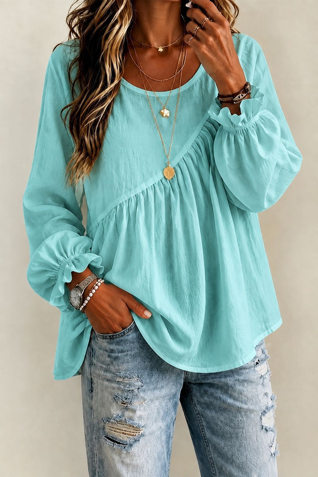 Women’s Long Sleeve Ruffle Blouse Round Neck Loose Casual Top