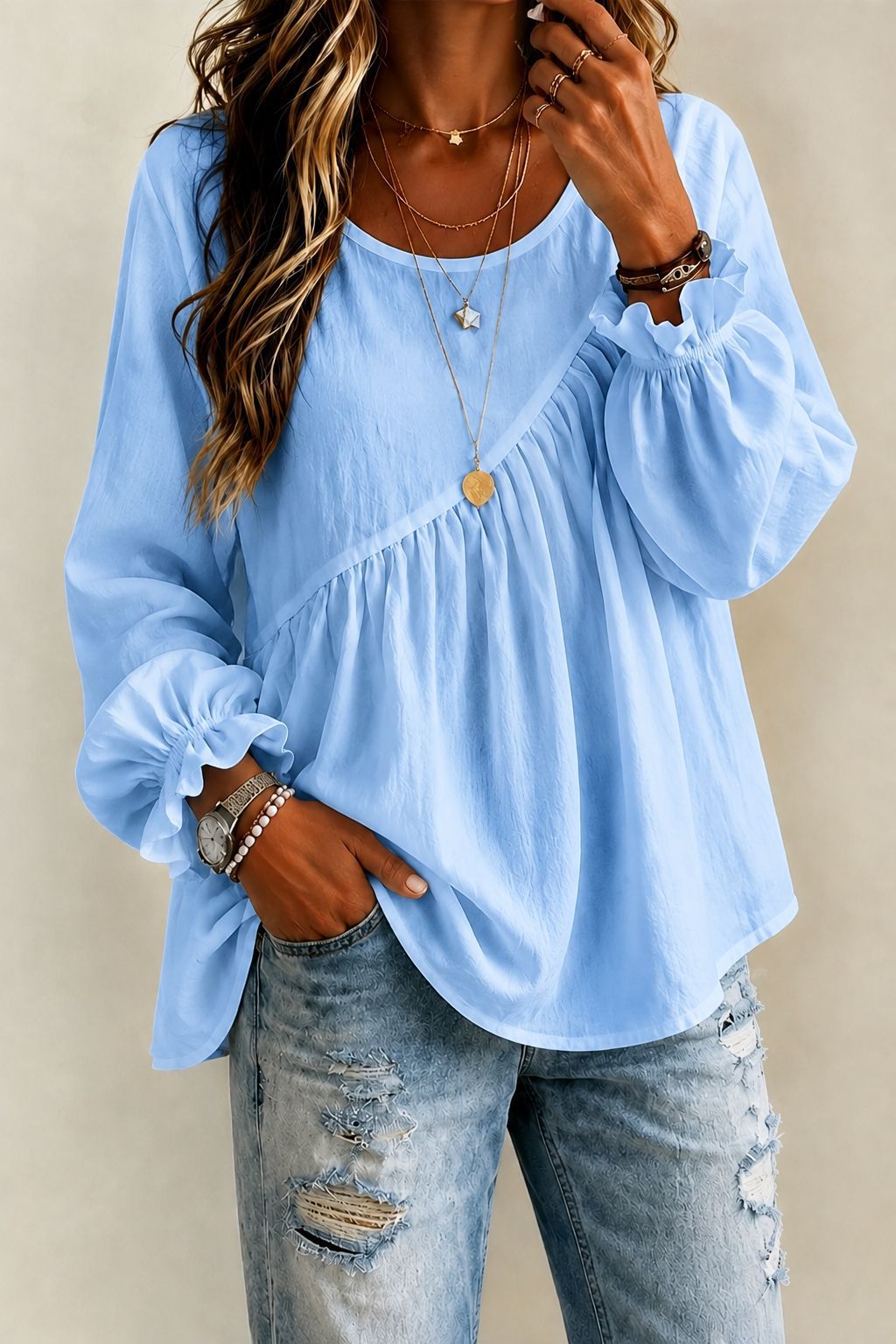 Women’s Long Sleeve Ruffle Blouse Round Neck Loose Casual Top
