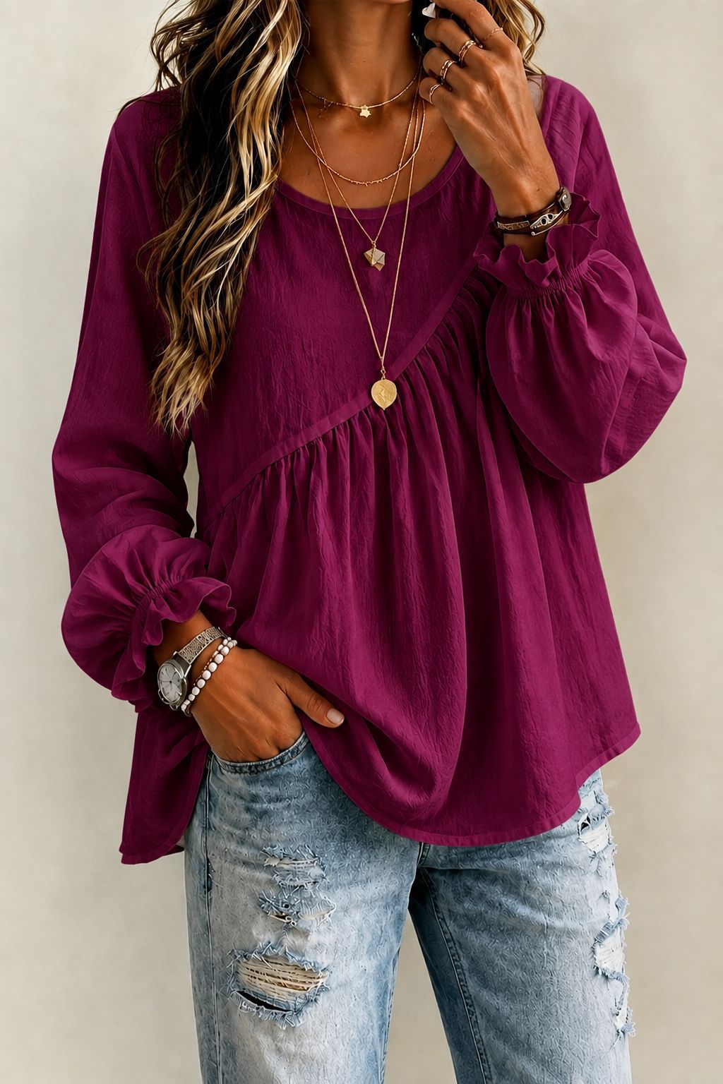 Women’s Long Sleeve Ruffle Blouse Round Neck Loose Casual Top