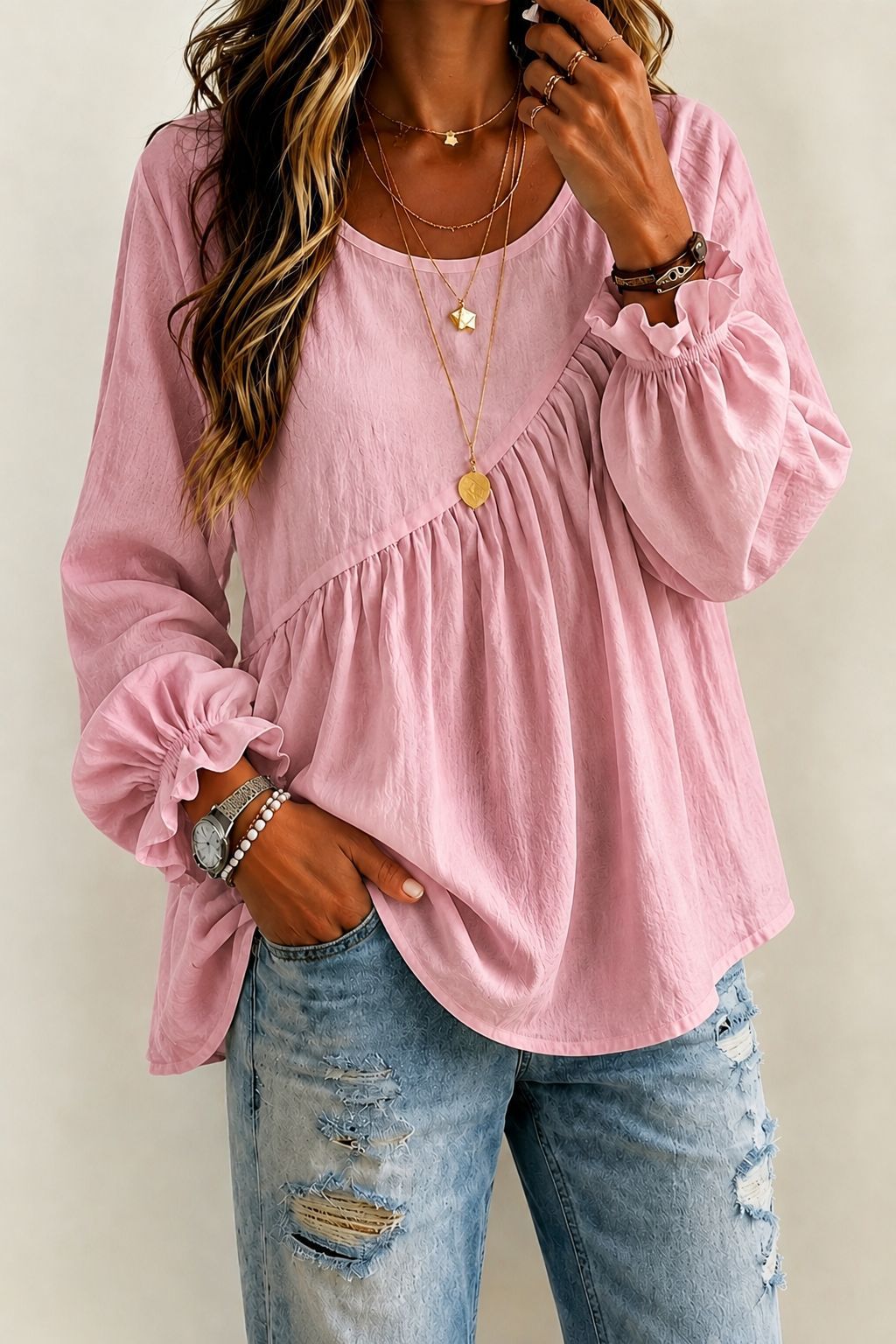Women’s Long Sleeve Ruffle Blouse Round Neck Loose Casual Top