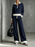 Women’s Color‑Block Half Zip Polo Top & Wide Leg Pants 2‑Piece Tracksuit Set