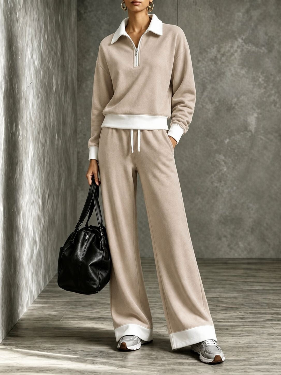 Women’s Color‑Block Half Zip Polo Top & Wide Leg Pants 2‑Piece Tracksuit Set