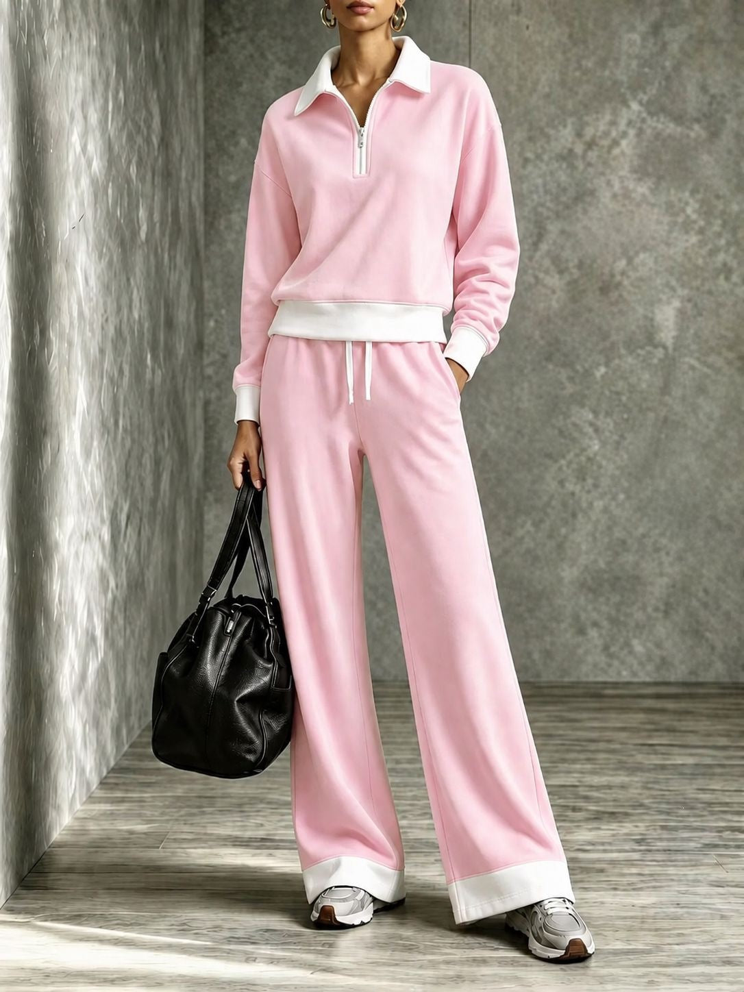 Women’s Color‑Block Half Zip Polo Top & Wide Leg Pants 2‑Piece Tracksuit Set