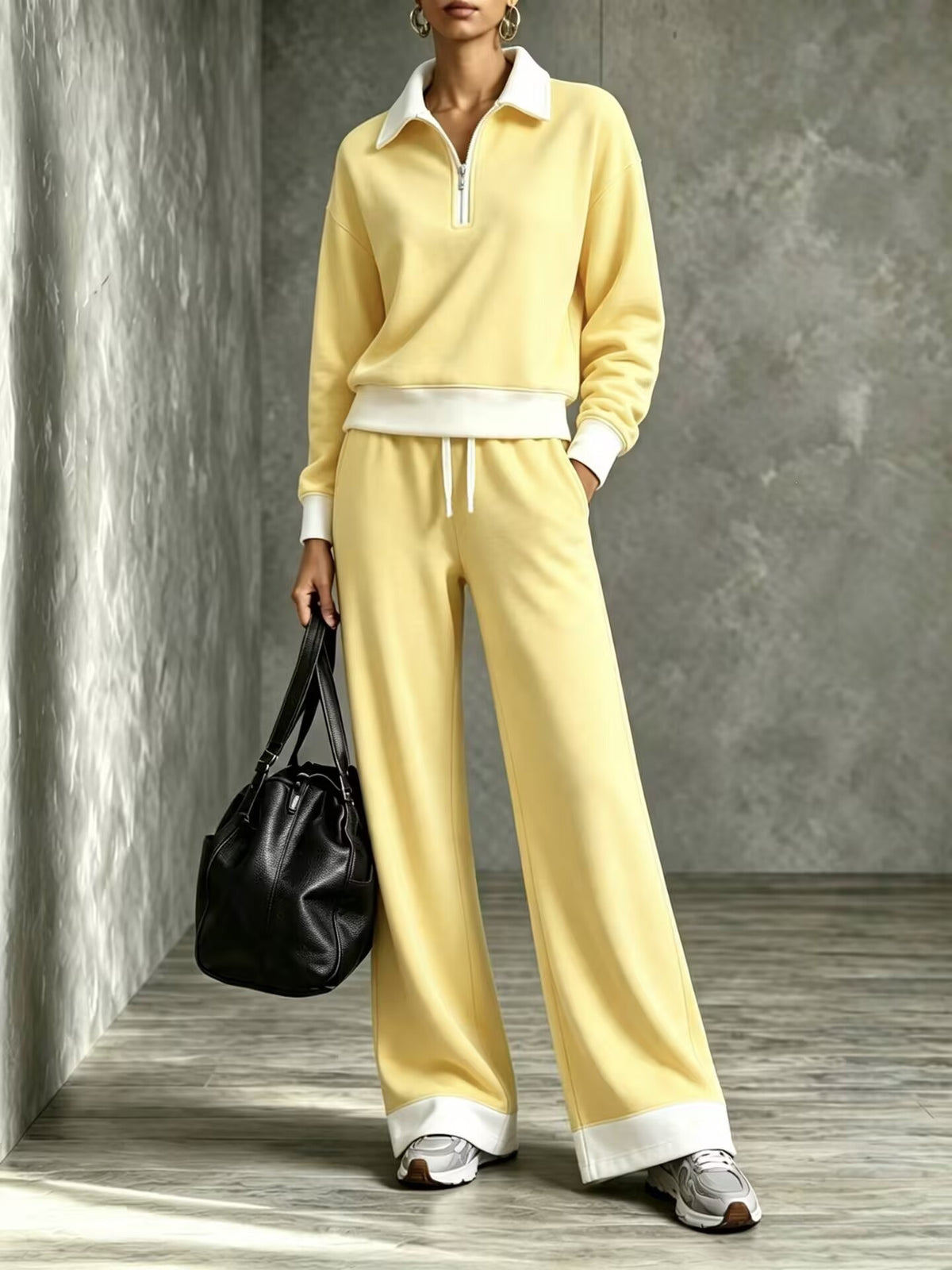 Women’s Color‑Block Half Zip Polo Top & Wide Leg Pants 2‑Piece Tracksuit Set