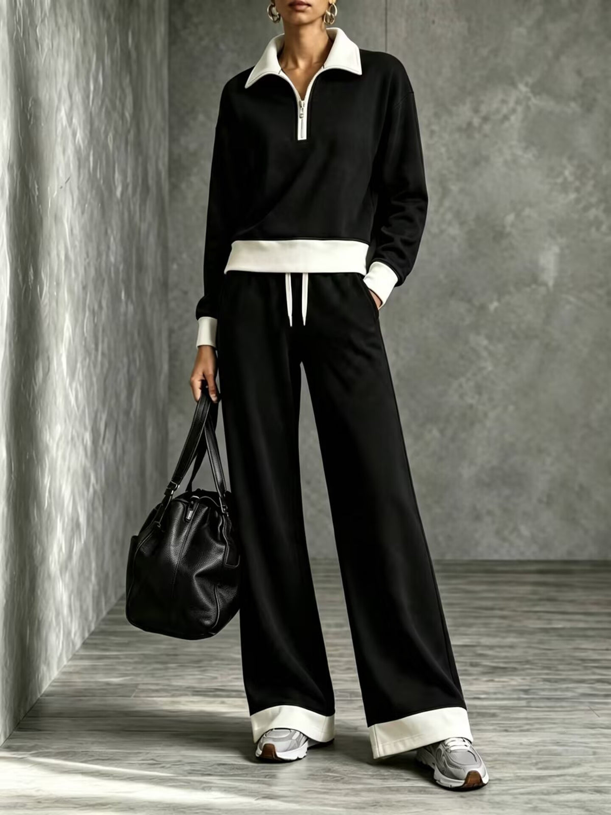 Women’s Color‑Block Half Zip Polo Top & Wide Leg Pants 2‑Piece Tracksuit Set