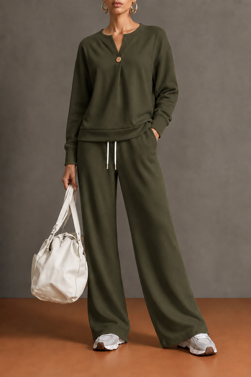 Women’s V‑Neck Button Top & Loose Straight Leg Pants 2‑Piece Casual Tracksuit Set