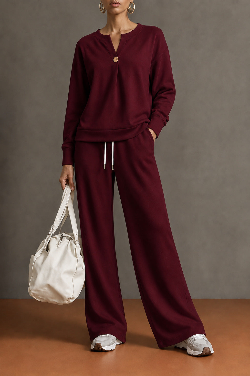 Women’s V‑Neck Button Top & Loose Straight Leg Pants 2‑Piece Casual Tracksuit Set