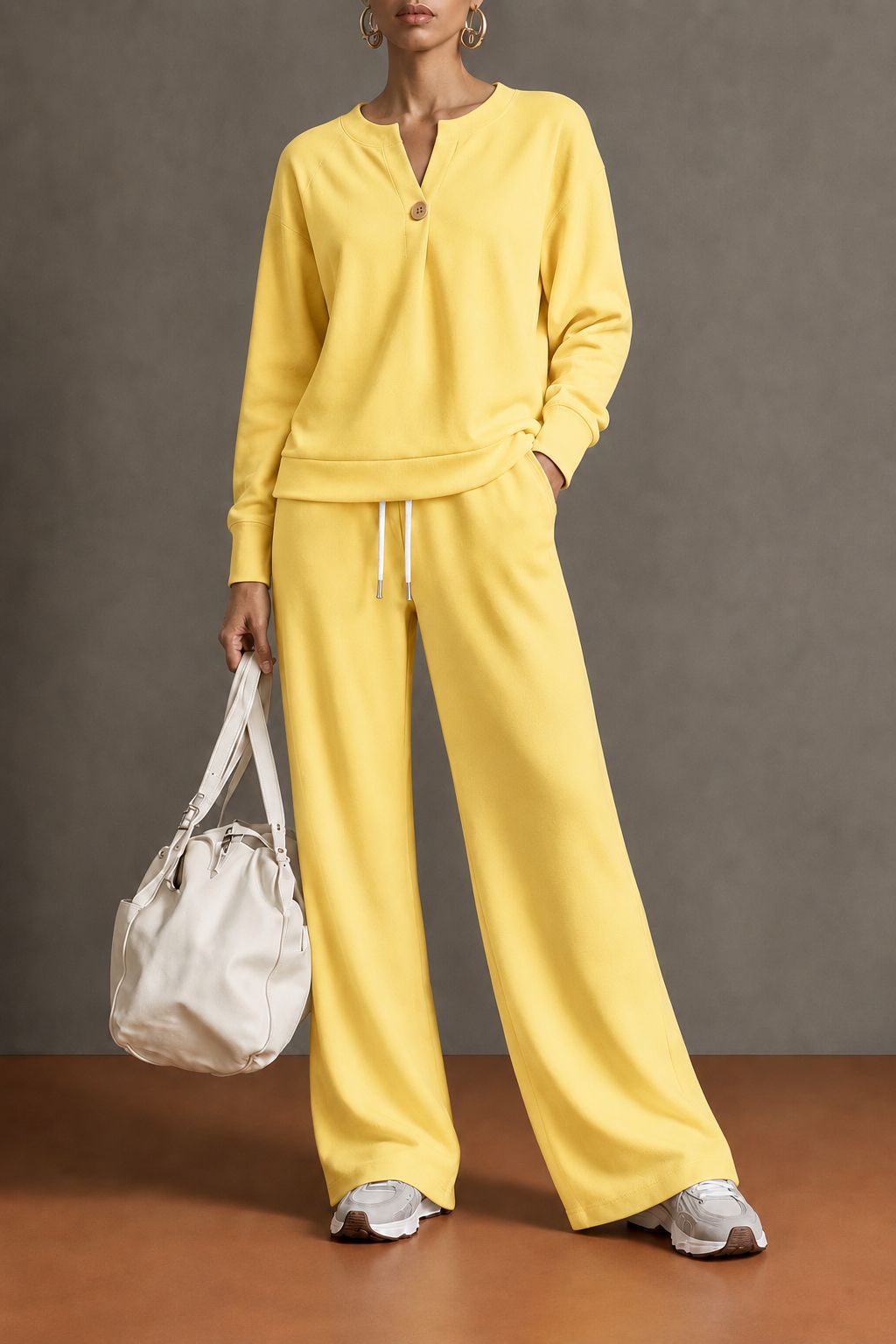 Women’s V‑Neck Button Top & Loose Straight Leg Pants 2‑Piece Casual Tracksuit Set