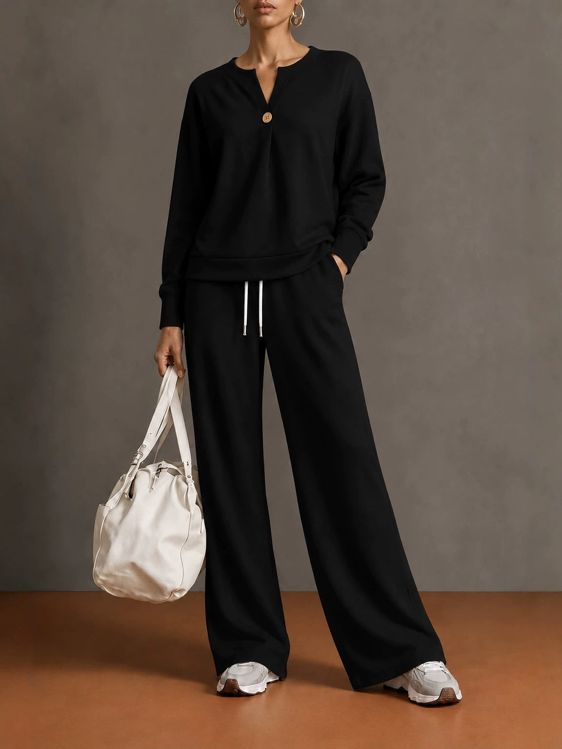 Women’s V‑Neck Button Top & Loose Straight Leg Pants 2‑Piece Casual Tracksuit Set