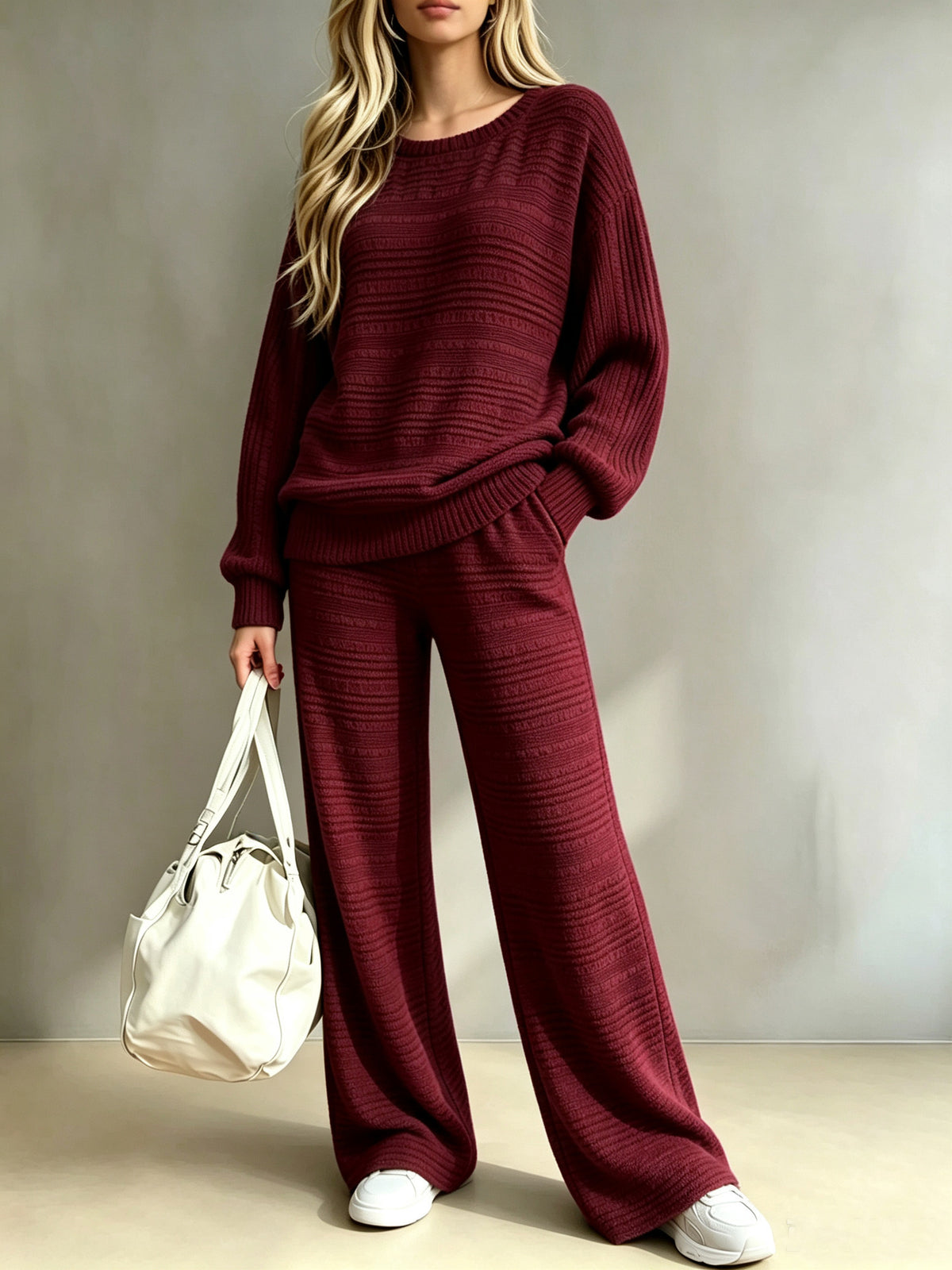 Women’s Crew Neck Textured Knit Top & Wide Leg Pants 2-Piece Casual Set