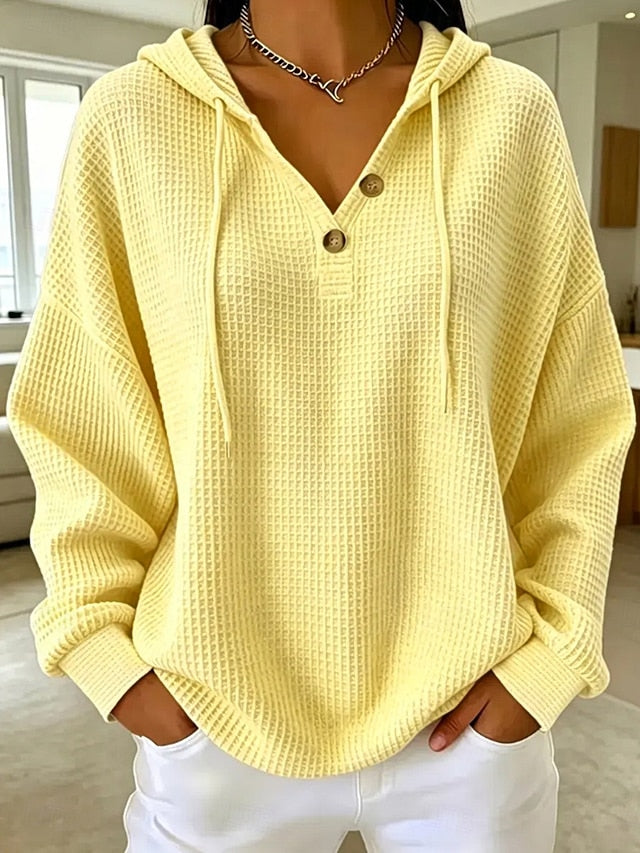 🍋 Women’s Waffle Knit Hoodie V-Neck Button Long Sleeve Loose Casual Pullover