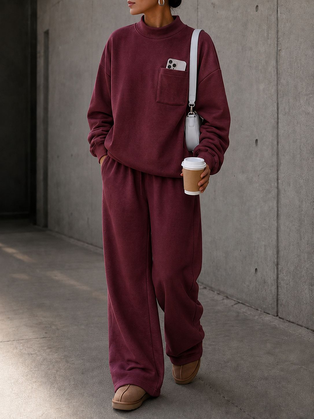 Women’s Loose Casual Sweatshirt Set High Neck Pocket Top & Wide Leg Pants 2-Piece Outfit