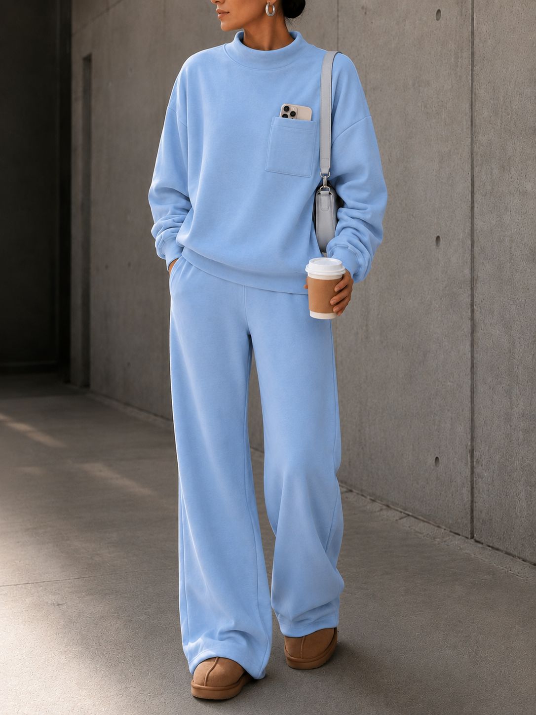 Women’s Loose Casual Sweatshirt Set High Neck Pocket Top & Wide Leg Pants 2-Piece Outfit