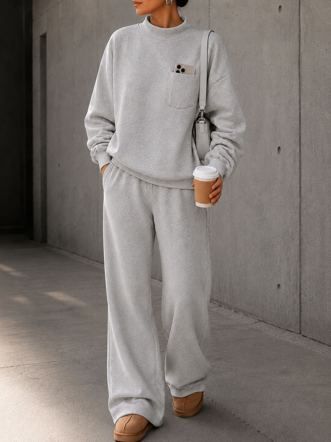 Women’s Loose Casual Sweatshirt Set High Neck Pocket Top & Wide Leg Pants 2-Piece Outfit