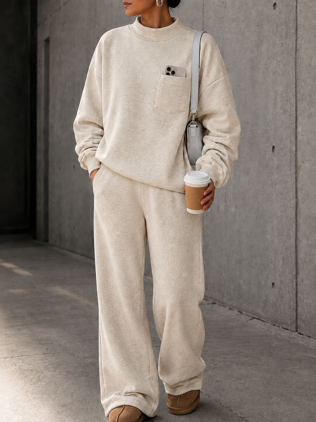 Women’s Loose Casual Sweatshirt Set High Neck Pocket Top & Wide Leg Pants 2-Piece Outfit