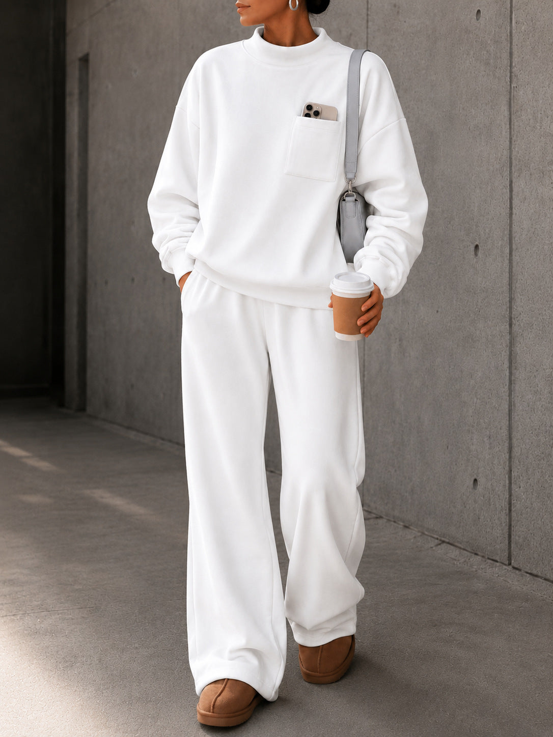 Women’s Loose Casual Sweatshirt Set High Neck Pocket Top & Wide Leg Pants 2-Piece Outfit