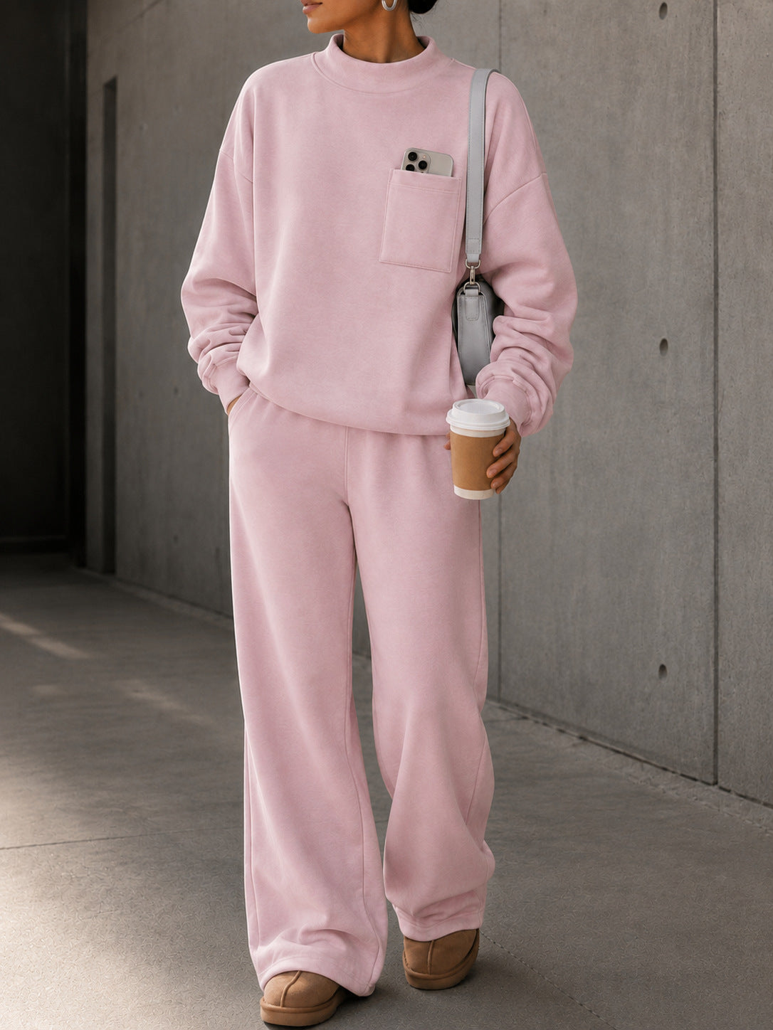 Women’s Loose Casual Sweatshirt Set High Neck Pocket Top & Wide Leg Pants 2-Piece Outfit