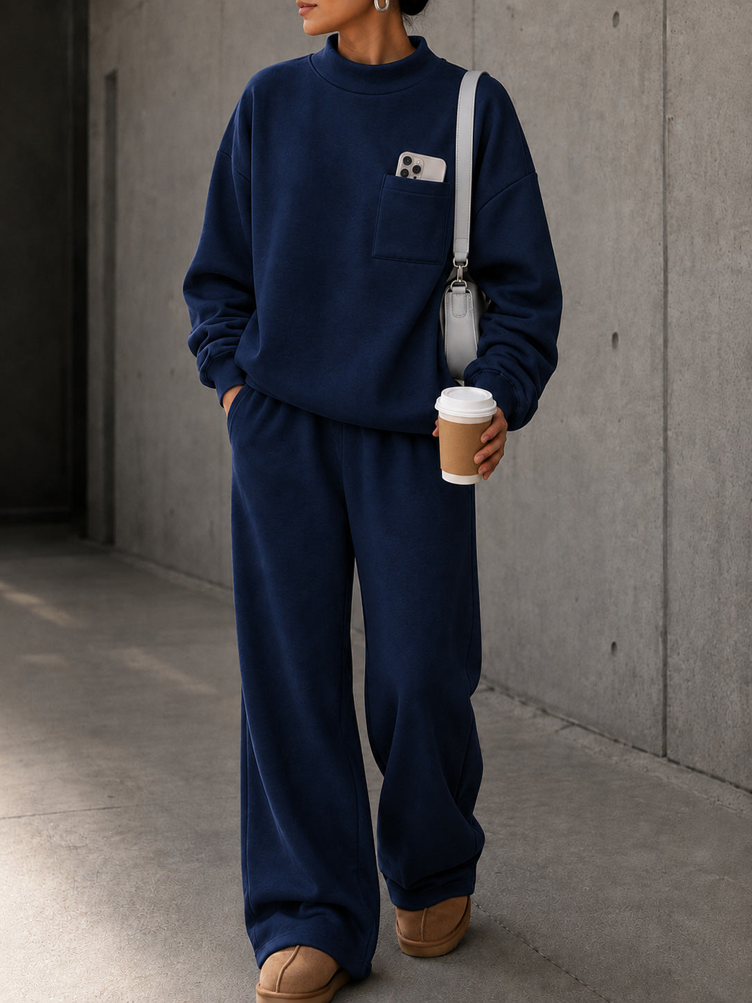 Women’s Loose Casual Sweatshirt Set High Neck Pocket Top & Wide Leg Pants 2-Piece Outfit