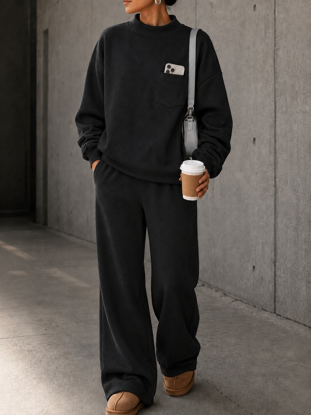 Women’s Loose Casual Sweatshirt Set High Neck Pocket Top & Wide Leg Pants 2-Piece Outfit